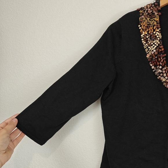 Michael Simon Black Sweater Cartigan Brown beaded V-neck 3/4 Sleeve Silk Blend S - Picture 7 of 12